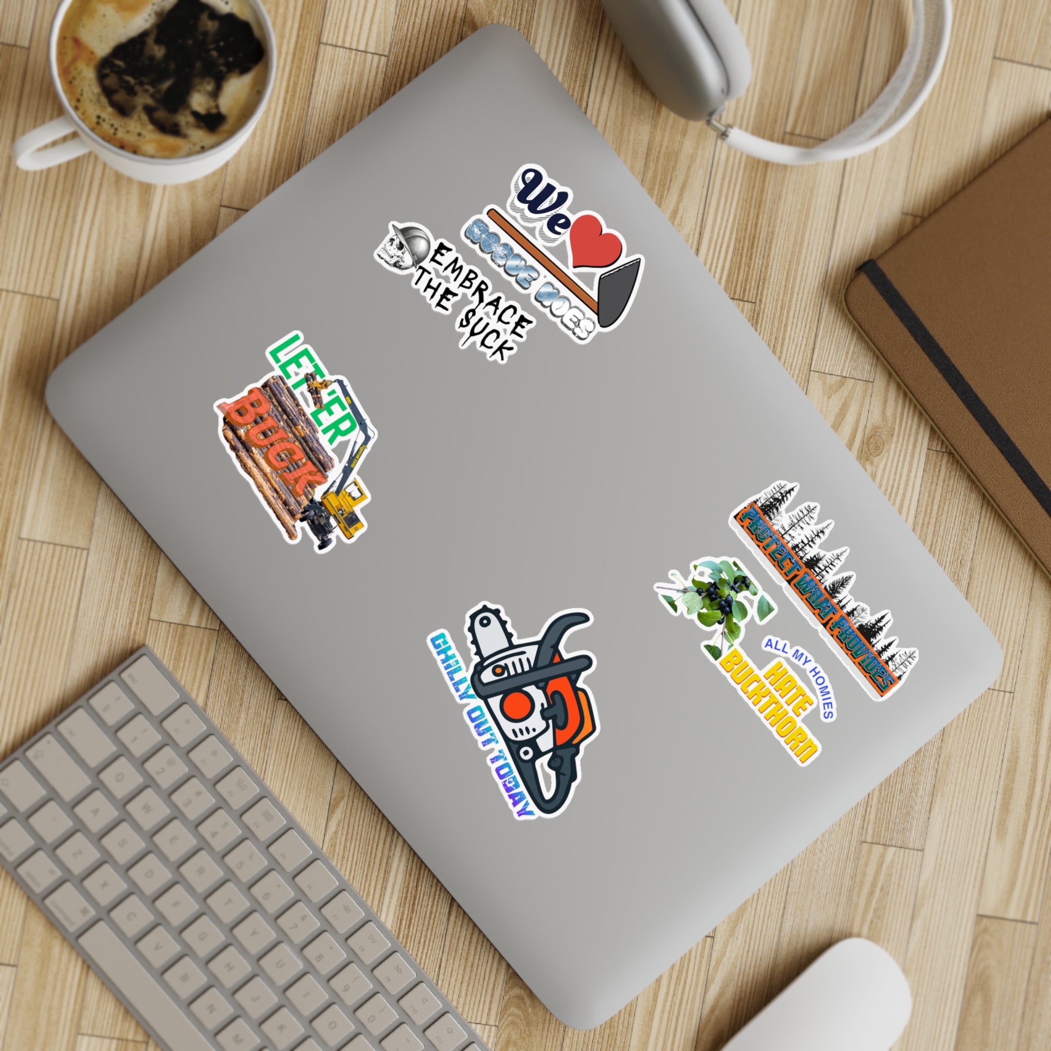 Chainsaw & Outdoors Sticker Sheet Bundle — 5-Piece Vinyl Pack (We Love Suck, Chill Out Today)