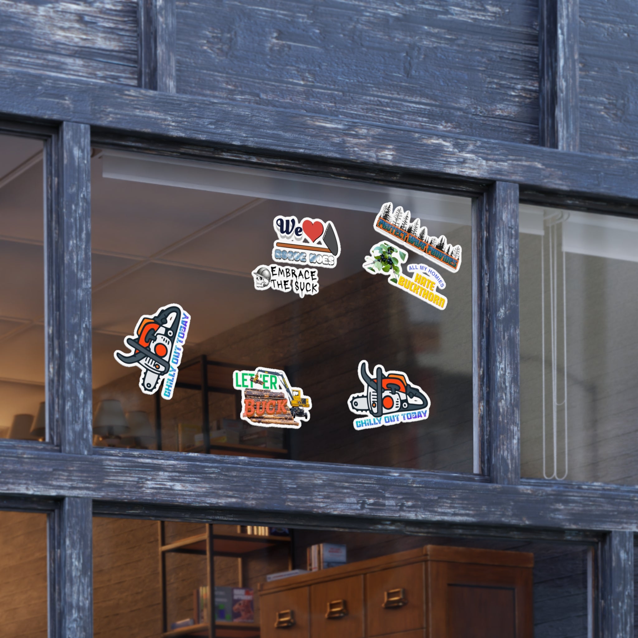 Chainsaw & Outdoors Sticker Sheet Bundle — 5-Piece Vinyl Pack (We Love Suck, Chill Out Today)