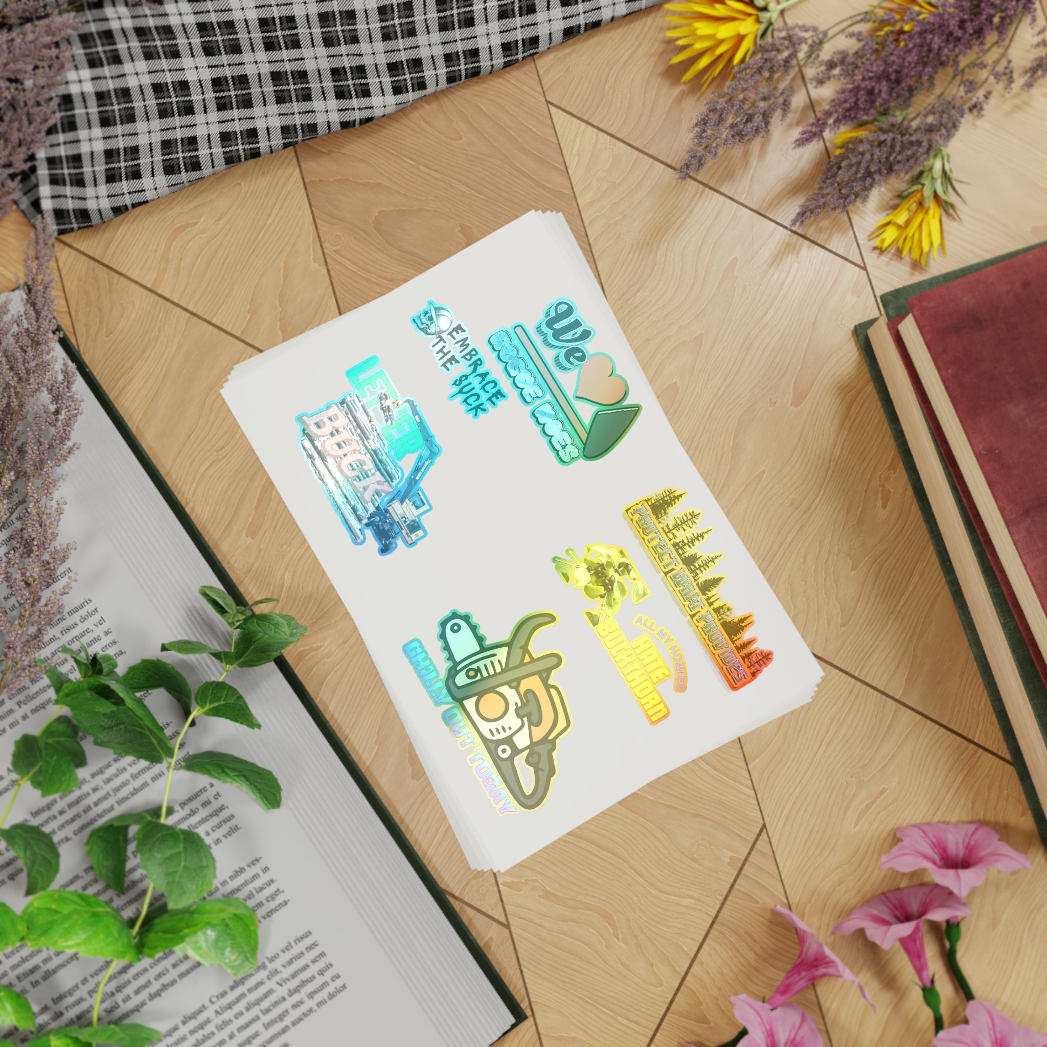 Chainsaw & Outdoors Sticker Sheet Bundle — 5-Piece Vinyl Pack (We Love Suck, Chill Out Today)