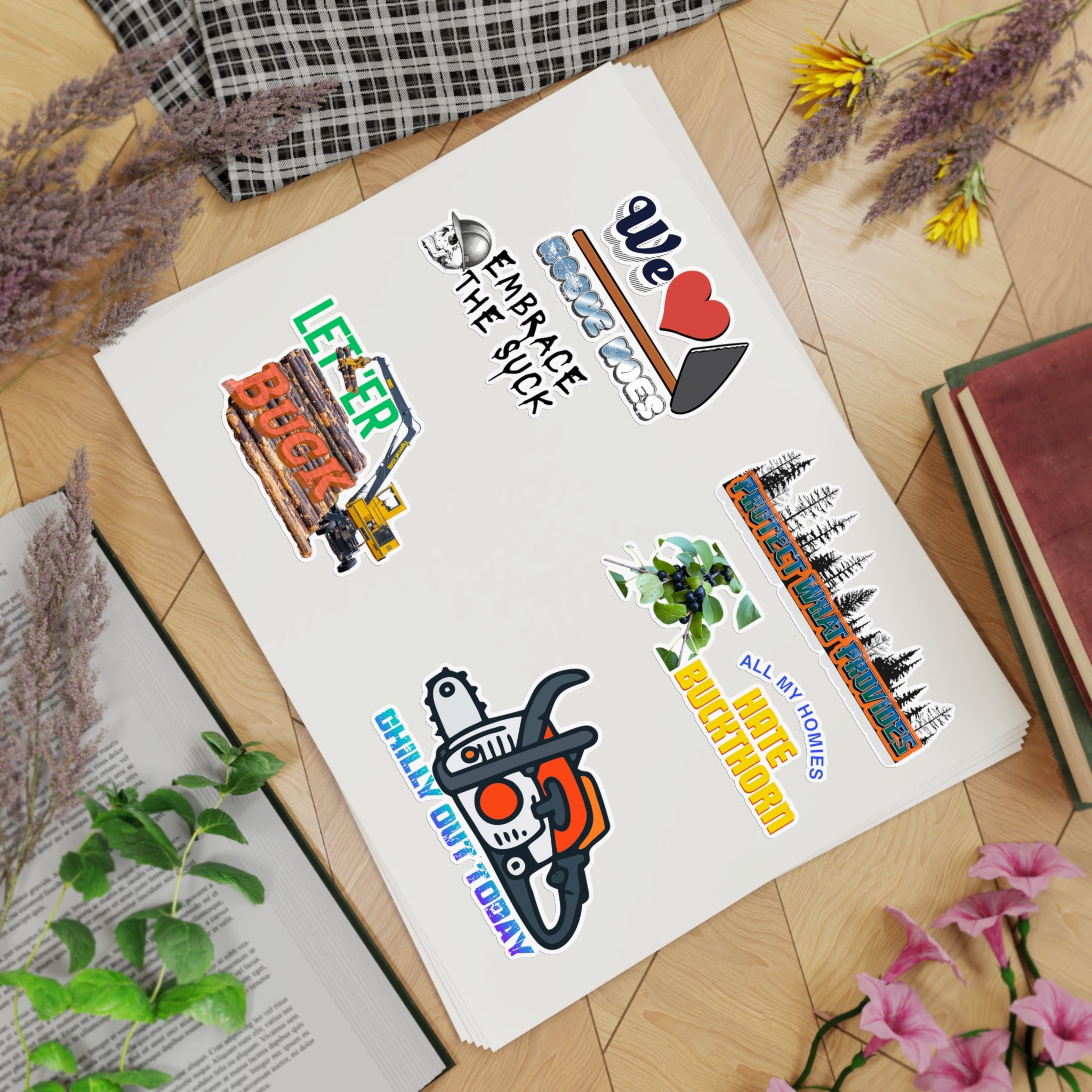 Chainsaw & Outdoors Sticker Sheet Bundle — 5-Piece Vinyl Pack (We Love Suck, Chill Out Today)