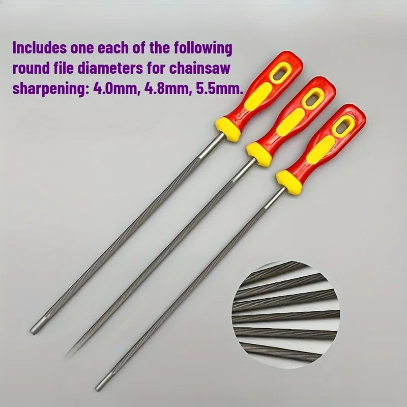 Handle Saw Chain File Set, Logging Saw File, 4.0/4.8/5.5mm Diameter, Electric Chain Saw Small Round File, Logging Saw File